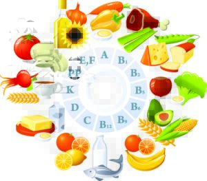 Foods rich in vitamins including B1, B2, B6, B12, C, D, E, K, and folate