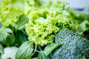 “Fresh leafy greens and broccoli, natural sources of folate and vitamin B9