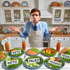 Confused person surrounded by conflicting diet advice like keto, vegan, and low carb